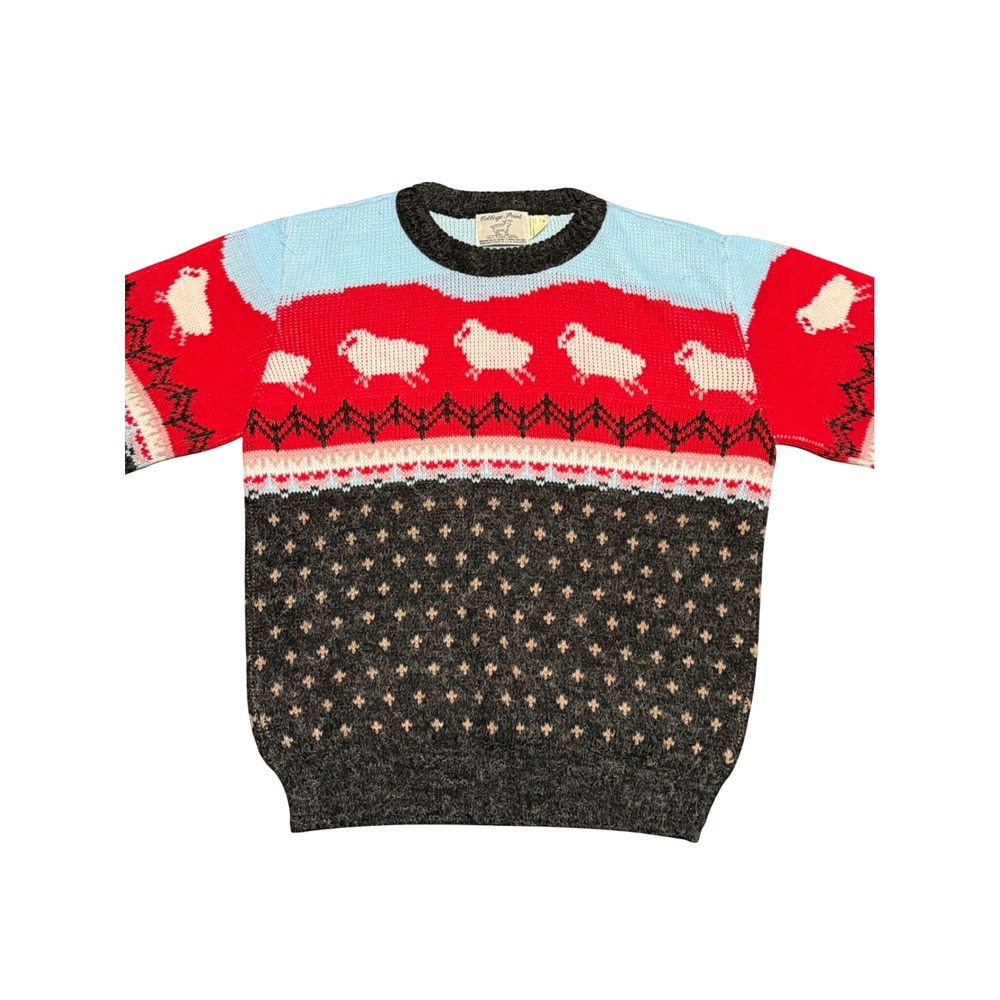 Vintage College Point Sheep Intarsia Knit Sweater Medium USA Made Acrylic Grey